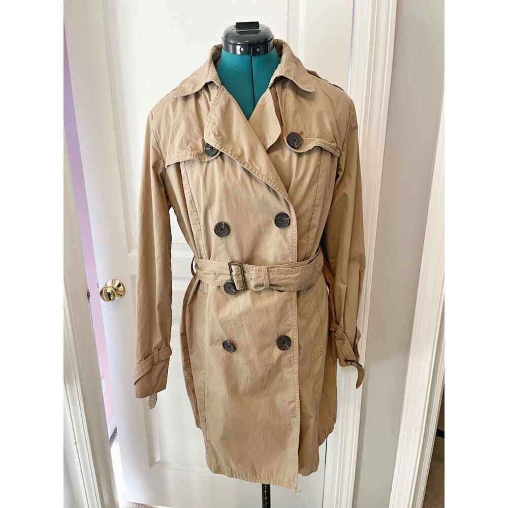 GAP Classic Khaki Double Breasted Button Tie Belt Long Trench Coat Jacket